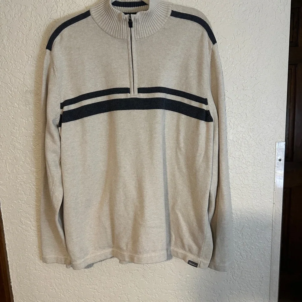 Eddie Bauer Quarter Zip Sweater Ivory Beige XL Striped‎ Pullover Cotton Casual